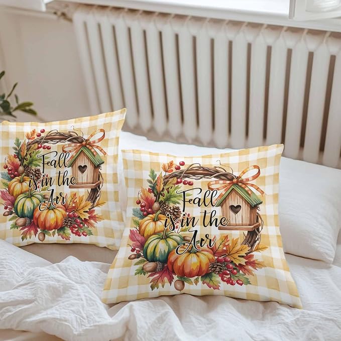 Fall Pumpkin Waterproof Outdoor Pillow Covers Set of 2 Home Decor, Thanksgiving Orange Check Maple Cabin Pillowcase Patio Pillow Covers for Couch Bench Furniture Garden 18x18in