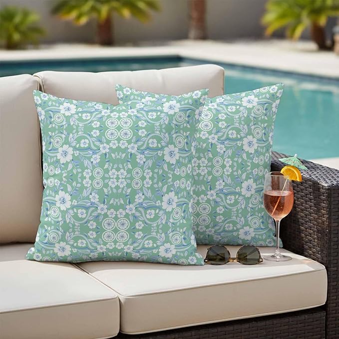 Light Green Blue Floral Outdoor Pillow Covers 24x24 Inch Throw Pillow Covers Set of 2 Waterproof Decorative Pillow Cases Vintage Pastoral Botanical Cushion Covers for Patio Furniture Garden Couch Sofa