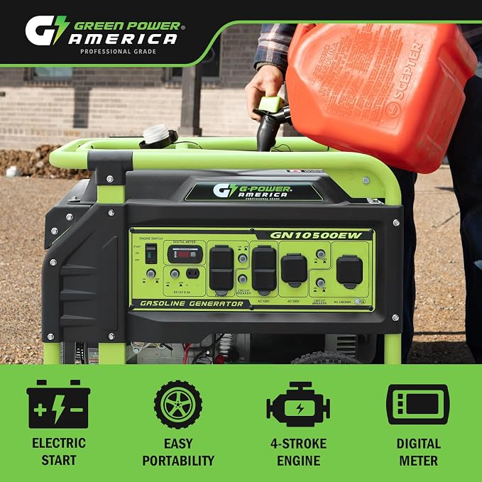 Green-Power America 10500 Watt Gasoline Powered Generator, Electric & Recoil Start, 120V/240V, 12V/8.3A Outlet, Whole House Backup, RV & Job Site Ready, EPA Approved