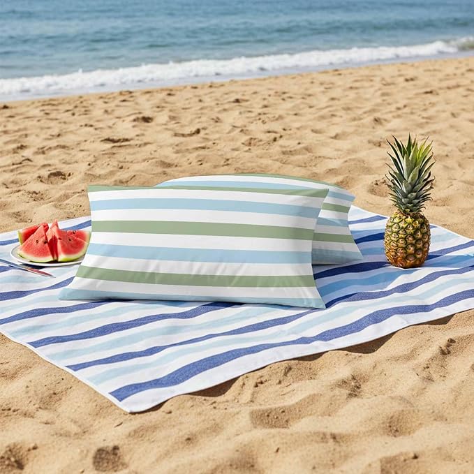 Sage Green Blue Striped Outdoor Pillow Covers 20x12 Inch Lumbar Pillow Covers Set of 2 Waterproof Decorative Throw Pillow Cases Farmhouse Sage Green Stripes Cushion Covers for Patio Furniture Garden