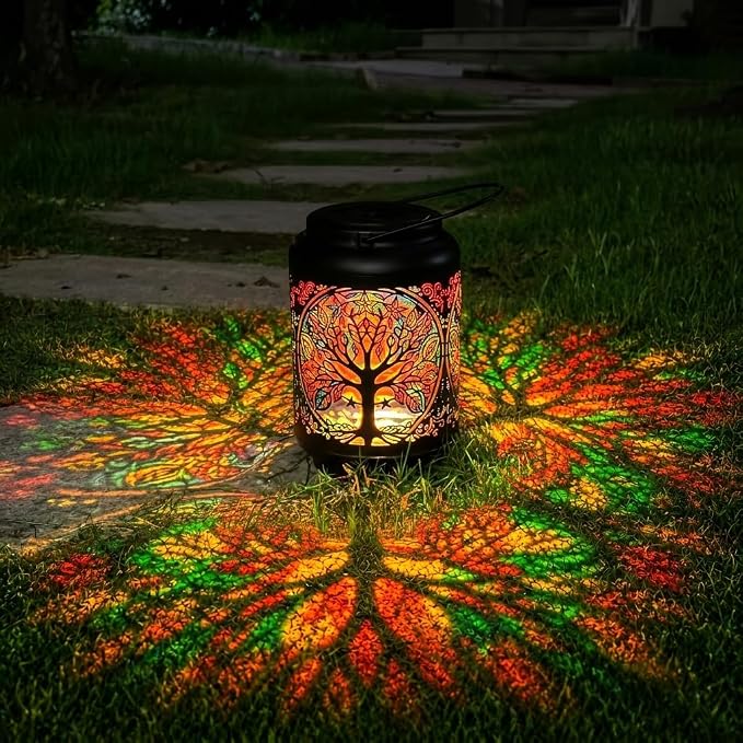 Tree of Life Solar Lantern Outdoor, Decorative Metal Solar Hanging Light with Colorful Light Pattern, Waterproof Garden Lantern for Patio, Yard, Porch, Balcony, Gifts for Women Mom Grandma
