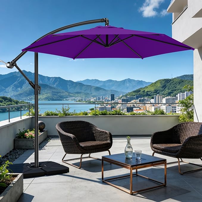 AreShark 10FT Patio Outdoor Umbrella, Offset Patio Umbrella Cantilever Umbrella, 6 Sturdy Ribs, Easy Adjustment for Garden Market Pool with Cross Base (Dark Purple)