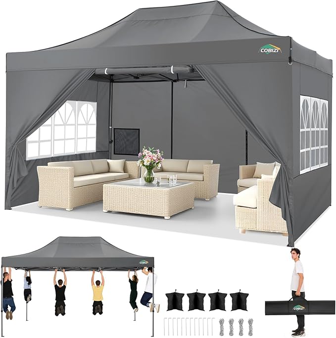 COBIZI 10x15 Pop up Canopy Tent Heavy Duty, Easy Set-up Commercial Outdoor Party Tent, 100% Waterproof Wedding Tents Gazebo, 3 Height Adjustable with Handbag, Gray