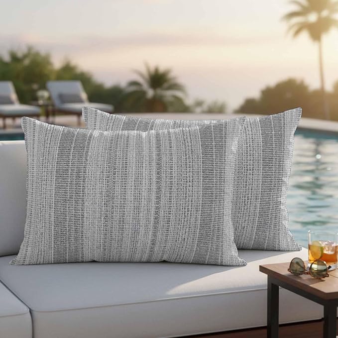 Abstract Gray Outdoor Pillow Covers 20"x12" Set of 2, Rustic Farmhouse Minimalist Grey Vertical Striped Lines Waterproof Throw Pillow Covers for Patio Furniture, Decorative Cushion Covers for Porch
