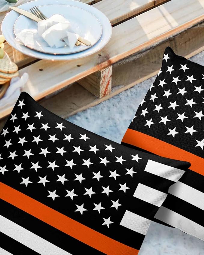 Prime Leader Outdoor Waterproof Pillow Covers Set of 2, Thin Orange Line Flag Search Rescue Officer Patio Throw Pillow Covers, Decorative Cushion Case for Couch Sofa Furniture Garden, 18x18 Inch