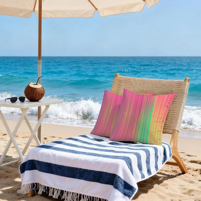 20x20 Inch Outdoor Pillow Covers Set of 2 Waterproof Throw Pillow Covers Decorative Couch Cushion Covers Pink Green Yellow Striped Square Pillowcases Protectors for Patio Garden Sofa