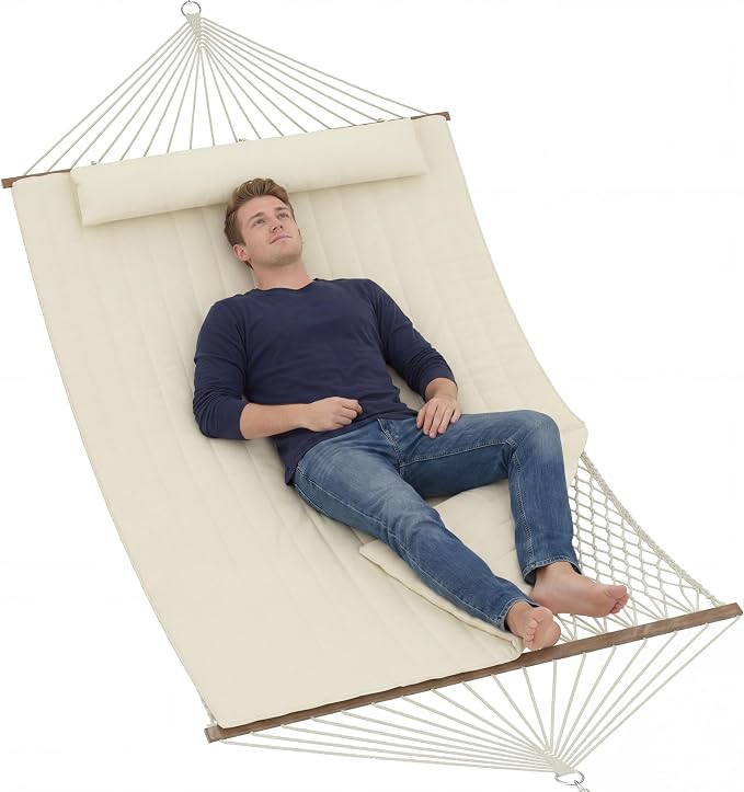 Takywep 2 Person Hammock with Polyester-Cotton Pad, 12FT Double Hammock with Wooden Spreader Bar, Removable Pillow, 450LBS Capacity, 2-in-1 Outdoor Hammock for Patio, Garden, Beach (No Stand)