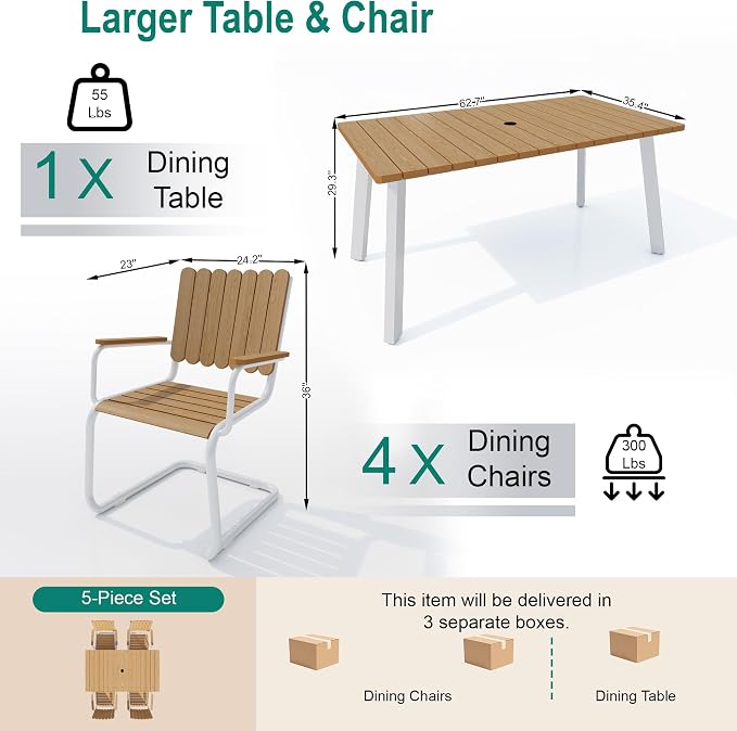 Outdoor Dining Set for 4, Patio Table and Chairs Set with Umbrella Hole, 5 Pieces All-Weather HDPE Outdoor Furniture Sets for Backyard Poolside Lawn Garden (White & Teak)