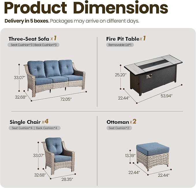8 Piece Patio Furniture Set with Fire Pit Table, All Weather Wicker High Back Sofa Chairs Ottoman with Thick Cushion, Outdoor Conversation Sets for Large Backyard Deck Garden, Denim Blue