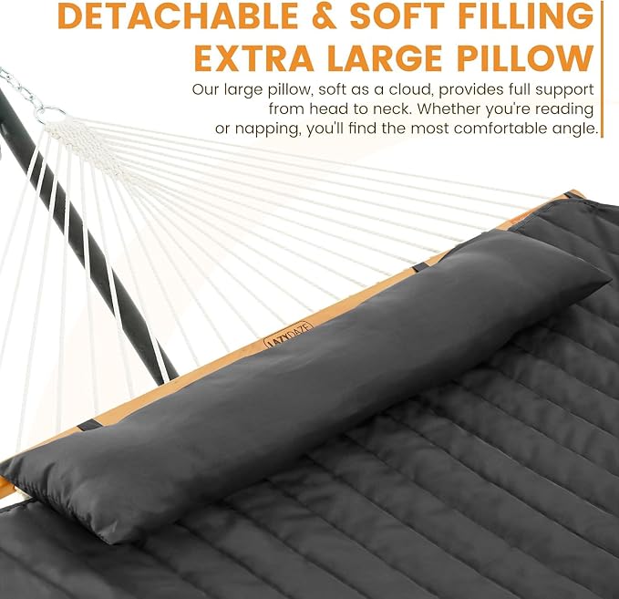 Lazy Daze Hammocks Rope Hammock with Pad, Spreader Bar, Carabiners, Tree Straps, Chains for Outside Patio- Max 450 Lbs, Dark Grey