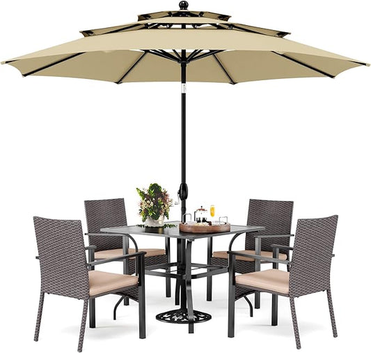 PHI VILLA 5pc Patio Dining Set with Umbrella, Square Table, Rattan Chairs | 37" Metal square dining table, cushioned wicker chairs, 10ft beige umbrella. Perfect for patio, deck, yard, porch.