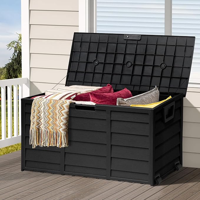 Crownland 75 Gallon Outdoor Storage Deck Box Patio Sun-proof Woodgrain Patio Storage Box for Patio, Garden, Balcony,Black