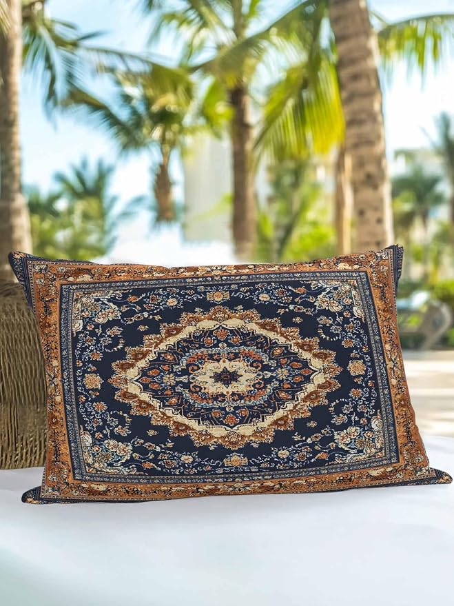 Outdoor Pillows with Inserts 12x20, Blue Burnt Orange Boho Waterproof Outdoor/Indoor Throw Pillows, Antique Southwestern Tribal Decorative Pillow for Bed Couch Sofa Patio Furniture