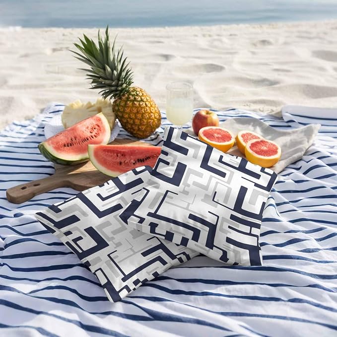 Vandarllin Outdoor Throw Pillows Covers 24x24 inch Set of 2 Waterproof Navy Blue Geometric Stripes Decorative Zippered Cushion Covers for Patio Furniture, Modern Abstract Lines Lumbar Pillowcases