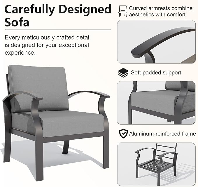 Gotland Aluminum Patio Furniture Set, Metal Outdoor Furniture with 2 Ottomans 5.1’’ High-Resilience Seat Cushions, 5 Piece Patio Set, Oversized Outdoor Sectional Patio Conversation Sets, Gray