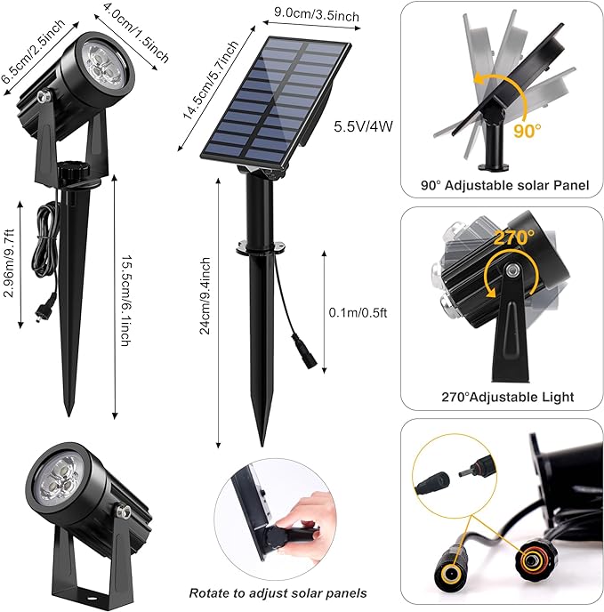 Solar Spot Lights Outdoor, Solar Landscape Spotlights IP65 Waterproof 9.8ft Cable,Auto On/Off Outdoor Wall Lights for Garden Yard Driveway Porch Walkway Pool (3000K Warm White)