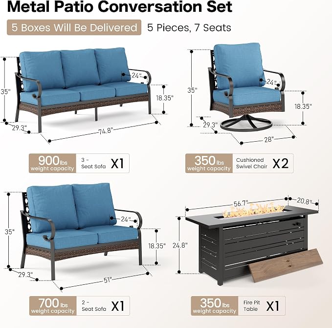 SUNSHINE VALLEY 5 Piece Metal Outdoor Patio Furniture Sets with Firepit Table, Patio Conversation Sets 1 3-Seater Sofa, 1 Loveseat, 2 Swivel Chair with 5.75" Cushion for Backyard Deck, Denim Blue