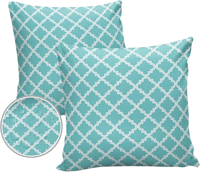 Outdoor Waterproof Pillow Covers for Patio Moroccan Pattern Decorative Throw Pillow Cover Geometric Trellis Cyan Blue Pillowcases Set of 2 Cushion Case for Sofa Couch Chair Home Decor 20x20 inch