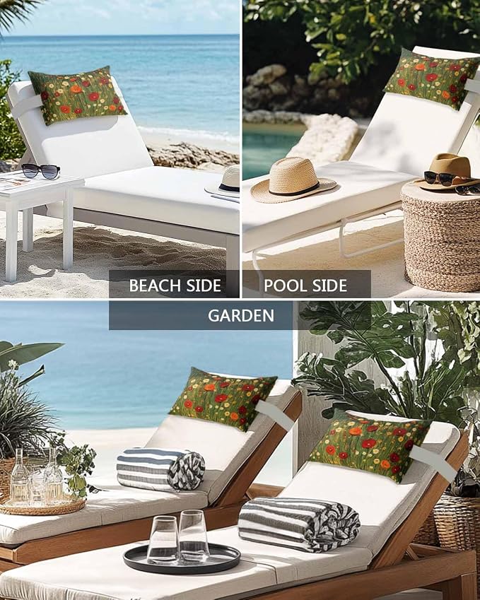 Pack of 2 Outdoor Lumbar Cushions with Inserts, Spring Flowers Oil Painting Texture Waterproof Fluffy Fade Body Pillows, Patio Furniture Pillow for Home Balcony Garden Decor 11x16IN