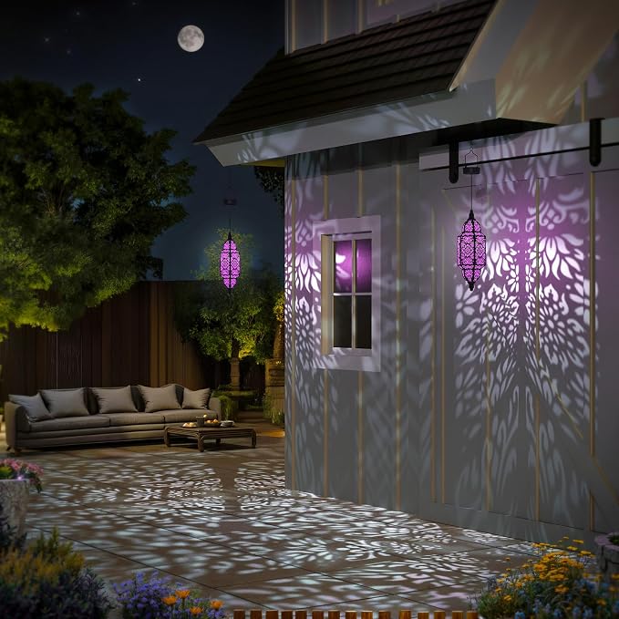 Twinkya 2 Pack Hanging Solar Lights Outdoor Garden Decorative Solar Lantern Waterproof Metal Moroccan Outdoor Decorations for Patio Pathway Yard Porch Backyard Garden Decor (Purple, 2 Pack)
