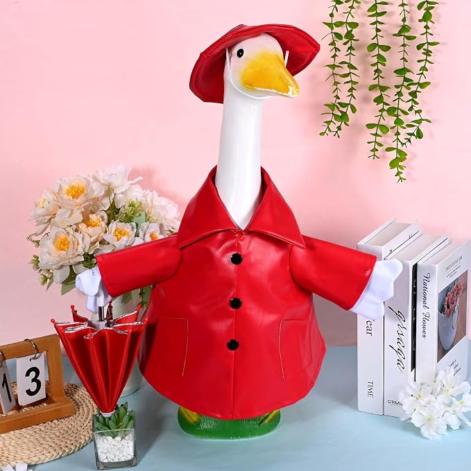 Raincoat Goose Outfit Porch Goose Summer Outfit Yard Goose Raincoat Clothes with Umbrella Hat Fits 23" Outdoor Garden Lawn Patio Geese Statue for Spring Summer Seasonal Decor(Red)