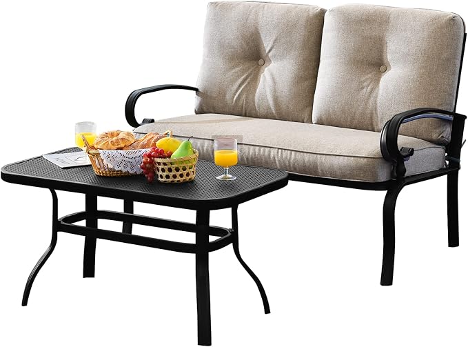 Tangkula Patio Loveseat with Table Set, 2 Seat Cushioned Sofa with Coffee Table, Patio Conversation Sofa Set with Rustproof Frame, 2 Pieces Outdoor Furniture Set for Garden, Poolside, Balcony (Beige)