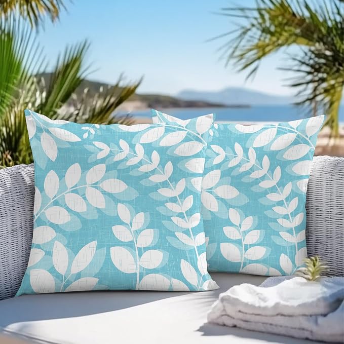 Light Blue Leaves Outdoor Waterproof Throw Pillow Covers 24x24 Set of 2, Farmhouse Botanical Branch Vintage Boho Leaf Decorative Pillowcases Cushion Pillowcase for Couch Sofa Patio Pillow Protector