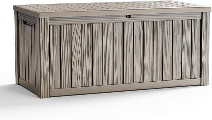 ROJIK Outdoor Storage Box – 150 Gallon Mobile Waterproof Resin Deck Box, Lockable Storage for Patio Cushions, Garden Tools, Pool Accessories – UV-Resistant Storage Bench for Backyard & Deck(Grey)