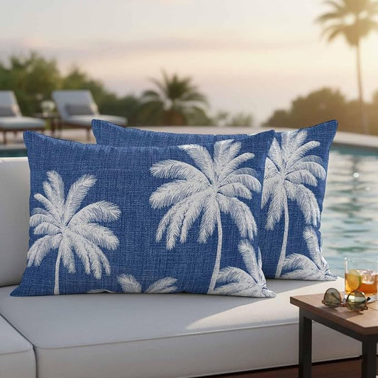 Lumbar Pillow Covers 20x12 Inch Set of 2, Navy Blue Palm Trees Waterproof Outdoor Pillow Covers, Farmhouse Tropical Summer Beach Decorative Cushion Pillowcases for Couch, Sofa, Bed, Garden, Patio
