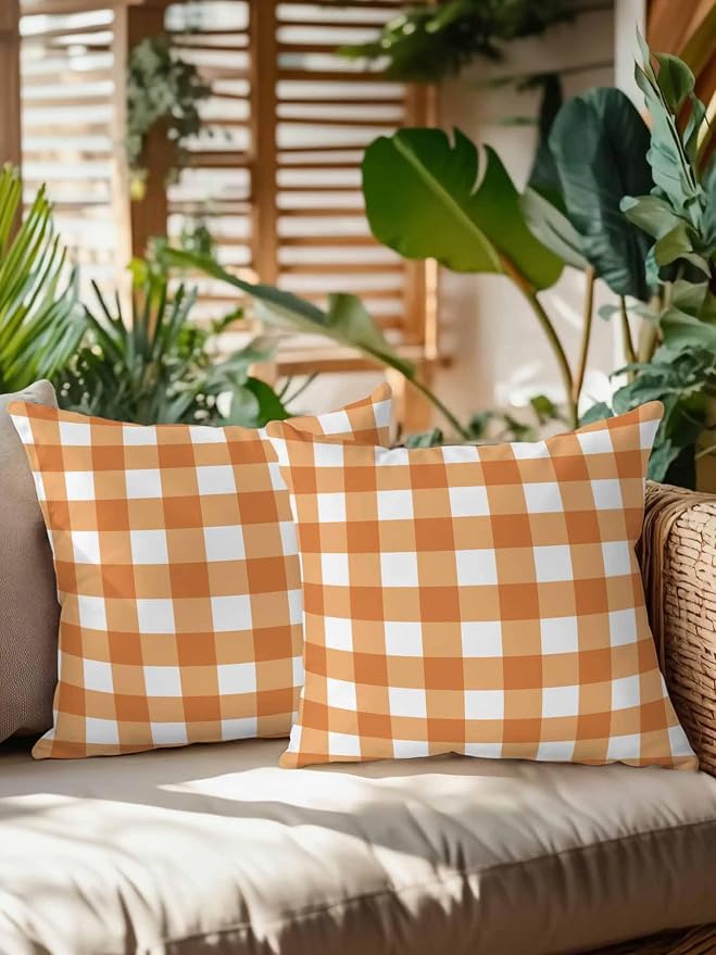 Waterproof Outdoor Pillow Set of 2 Orange Buffalo Plaid Decorative Throw Pillows Cover & Insert 18x18 Inch Pillowcase Check Lines Square Pillows for Couch Sofa Bed Patio Furniture Indoor Outdoor