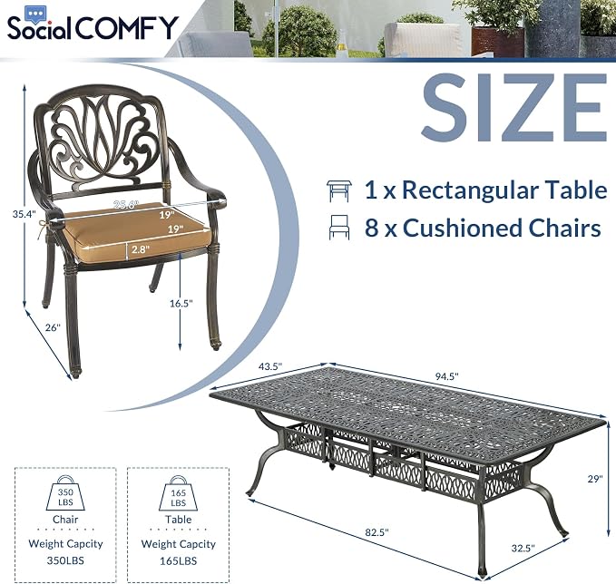 9-Piece Patio Cast Aluminum Dining Set, Outdoor Dining Furniture Set for 8 Person, Includes 94.5" Rectangular Dining Table and 8 Cushioned Chairs with Umbrella Hole for Deck Garden, Tan