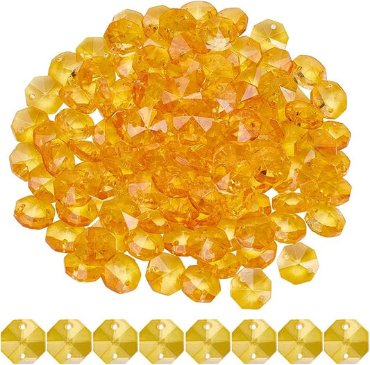 1 Box 120Pcs 14mm Crystal Glass Octagon Beads 2 Hole Prism Bead Bulk Yellow Glitter Chandelier Replacement Connector Suncatcher Faceted Spacers for DIY Lamp Hanging Ornament Pendant Adults