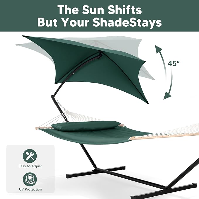 SUNCREAT Portable Outdoor Hammock with Stand, Canopy, Double Hammock with Stand for Outside, Patent Pending, Dark Green