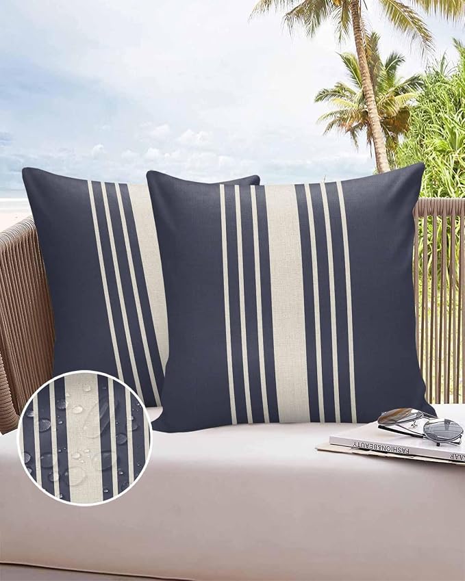 Vandarllin Outdoor Throw Pillows Covers 20x20 inch Set of 2 Waterproof Blue Vertical Stripes Decorative Zippered Cushion Covers for Patio Furniture, Classic Striped Linen Lumbar Pillowcases