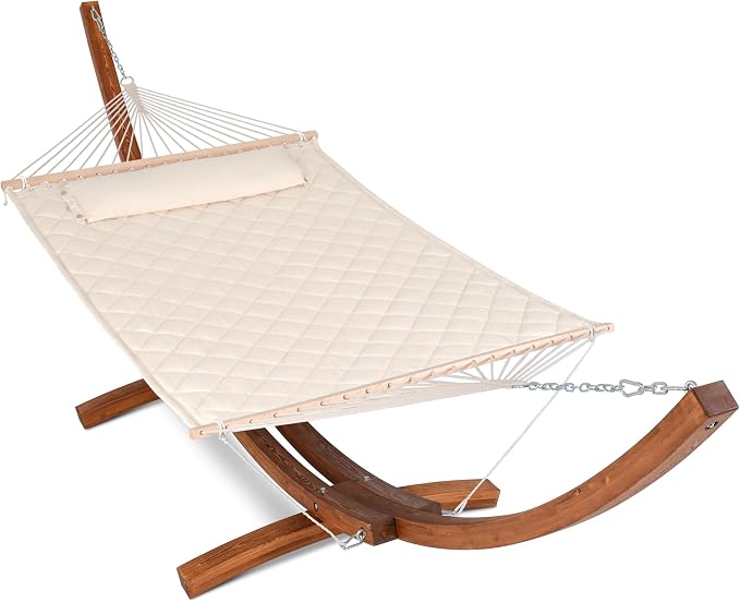 ANOW Heavy Duty Curved Wood Arc Stand with 2 Person Hammock, 13.5FT Larch Wood Stand with 2 Chains, 4 Balance Ropes and 4 Carabiners, Includes Cream Hammock with Spreader Bars