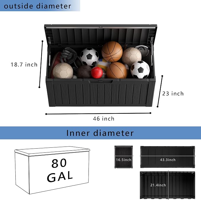 80 Gallon Waterproof Resin Deck Box, UV Resistant Outdoor Storage for Garden, Patio, Porch, Delivery, Black