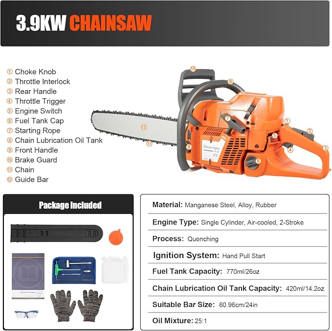 2-Stroke Gas Chainsaw, 71.8CC Engine Gas Chainsaw with 24-Inch Guide Bar, High-Power 3.9KW Gasoline-Powered Chainsaw for Fast Cutting