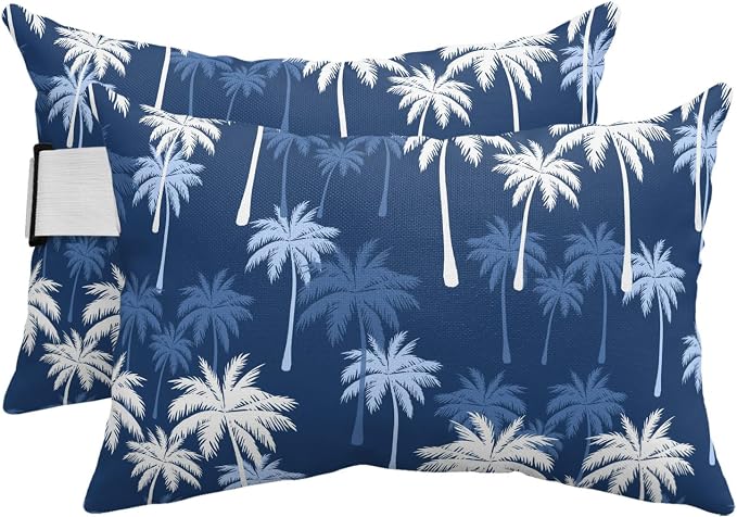 Tropical Palm Tree Outdoor Pillows for Chaise Lounge Chair Beach Headrest Pillow Set of 2 Waterproof Lumbar Pillows with Insert&Adjustable Strap Navy Blue White Plants Coastal Leaf Pool Pillow 11"x16"