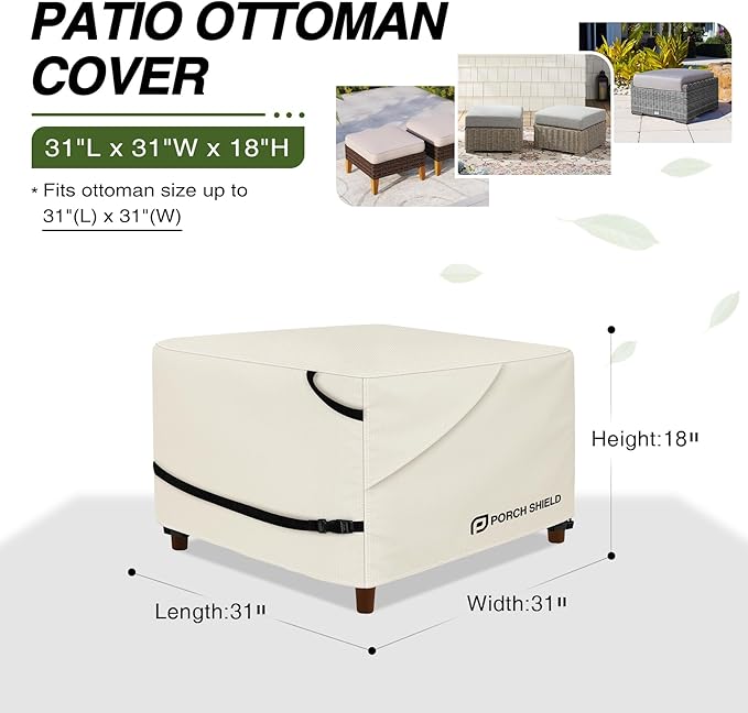 Porch Shield Patio Ottoman Cover - Waterproof Outdoor Square Side Table Covers – 31L x 31W x 18H inch, Beige