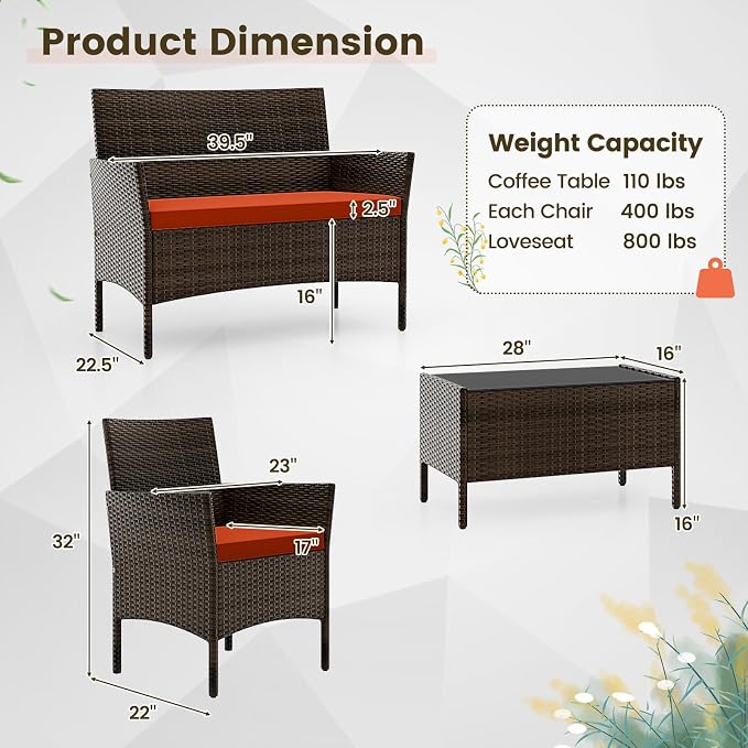 DORTALA Wicker Patio Furniture Set 4 Piece, Outdoor PE Rattan Table & Chairs Set with Tempered Glass Coffee Table, Loveseat, Cushions, Conversation Set for Balcony, Porch, Backyard, Deck, Orange