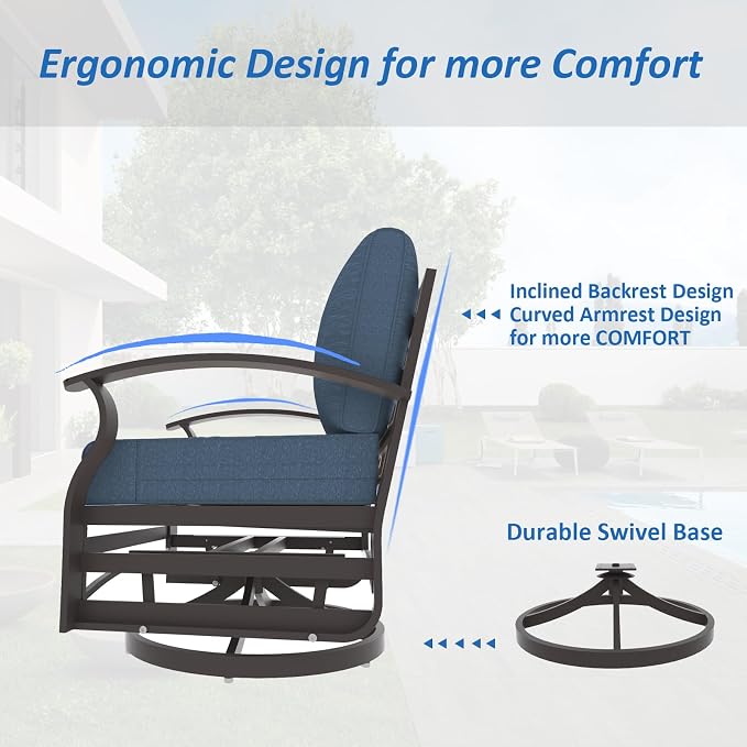 ALAULM 5 Piece Aluminum Outdoor Swivel Chairs High Back Metal Swivel Rocking Chairs with 5.1" Sponge Cushions, 2 Ottmans and 1 Coffee Table for Patio, Porch, Backyards, Garden(DarkBlue)