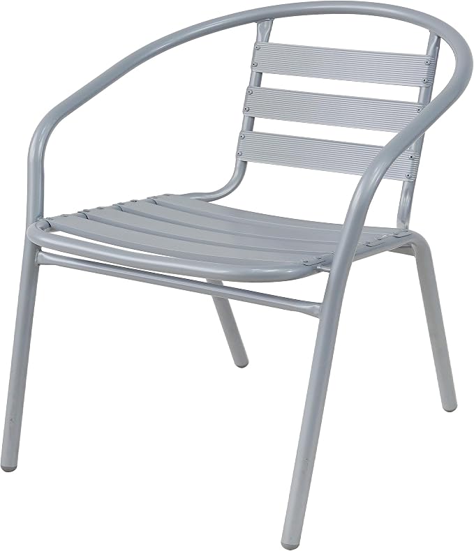 BTEXPERT Gray Indoor Outdoor Restaurant Stainless Steel Silver Aluminum + 2 Metal Slat Stack Commercial Lightweight, 2 Chairs with a 27.5" Round Table