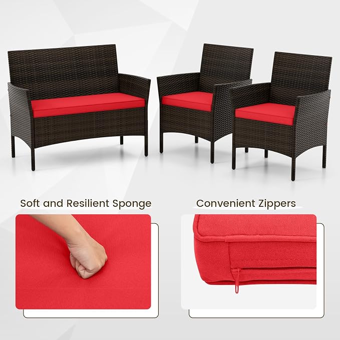 DORTALA Wicker Patio Furniture Set 4 Piece, Outdoor PE Rattan Table & Chairs Set with Tempered Glass Coffee Table, Loveseat, Cushions, Conversation Set for Balcony, Porch, Backyard, Deck, Red