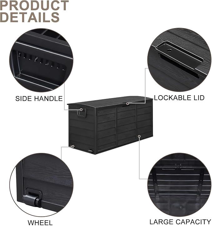 75 Gal Storage Bin Extra-Deep Weatherproof with 2 Wheels & Lock Hasp - 44"W Large Capacity Box for Garden Equipment, Cushions, Outdoor Toys | Durable Black Polypropylene Construction, Padlock Not Inc