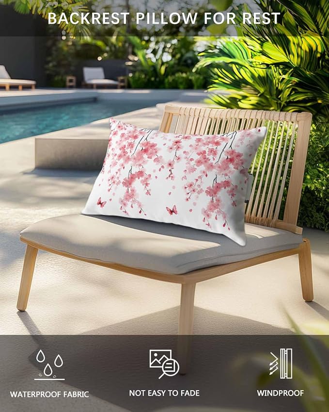 Outdoor Lumbar Cushions with Inserts, Pink Peach Blossoms Flowers Branches Butterflies Waterproof Fluffy Fade Body Pillows, Patio Furniture Pillow for Home Balcony Garden Decor 11x16IN