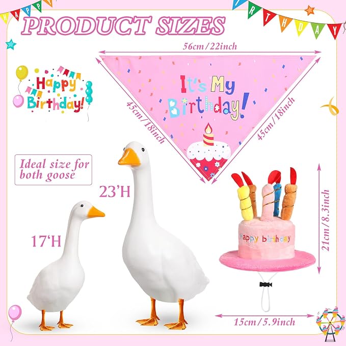 Dansydaisy Happy Birthday Goose Outfit Porch Goose Outfits with Happy Birthday Cake Hat and Bandana Yard Geese Outfits for 23" 17" Cement Plastic Geese Duck Decorations(Style 1,Pink)