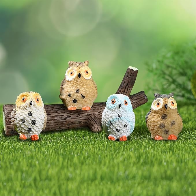 4pcs Mini Resin Owls and 1pcs Branch, Miniature Owl Figurines for Fairy Garden Accessories, Plant Pot, Bonsai Craft Decor, Cake Topper, DIY Home Micro Landscape Ornaments