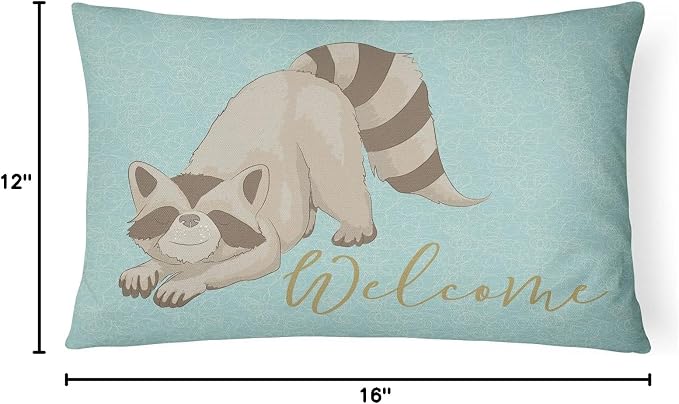 Caroline's Treasures BB8560PW1216 Raccoon Welcome Canvas Fabric Decorative Pillow Machine Washable, Indoor Outdoor Decorative Pillow for Couch, Bed or Patio, 12HX16W