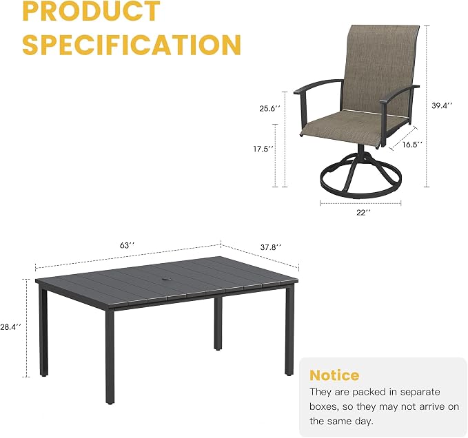 VICLLAX Outdoor Table and Chairs Set of 6, 7 Pieces Metal Patio Dining Set-63 Rectangle Dining Table and 6 Swivel Chairs for Deck, Lawn and Garden, Black Table and Mixed Brown Chairs