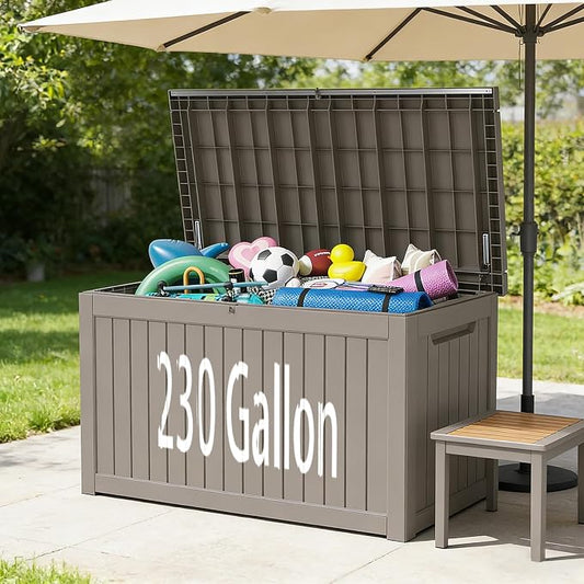 230 Gallon Waterproof Resin Outdoor Storage Box, Lockable & UV Resistant | Patio Deck Boxes, Outside Storage for Patio Cushions, Pool Toys, Garden Tools & Package Delivery, Brown